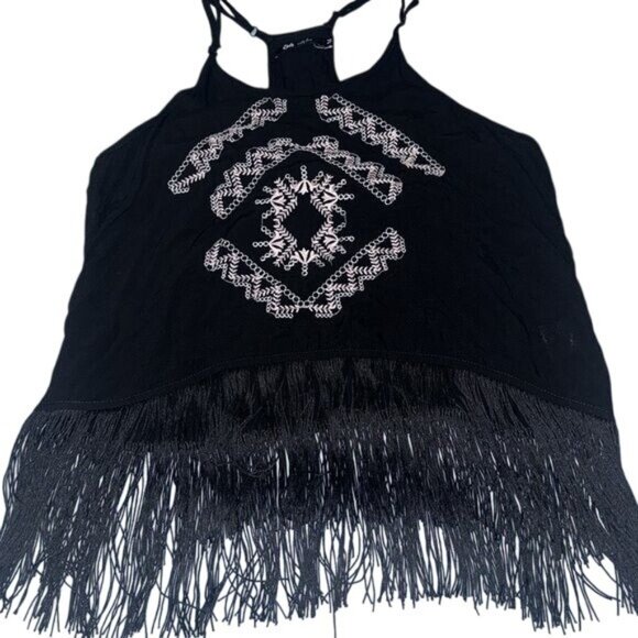 Black Fringe Halter Top With Embroidered Tribal Design By 64 Sixty Five Rayon Ma - Picture 1 of 8
